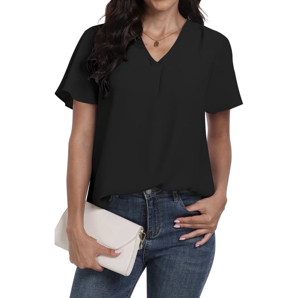 DUSDIMON Women’s Black Chiffon V-Neck Short Sleeve Blouse Size M